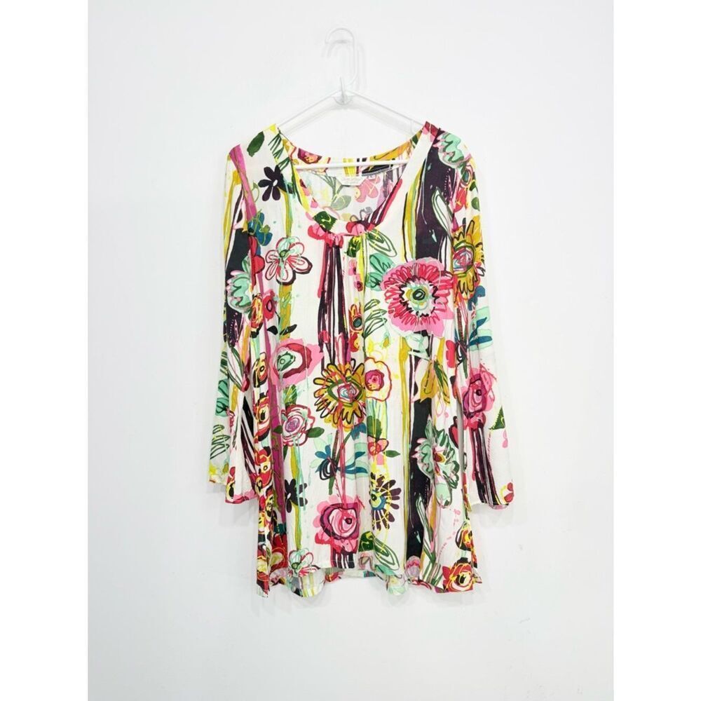 Jams World ABERGINE Colorful Abstract Floral Pullover Vibrant Tunic Blouse